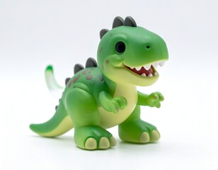 Fototapeta premium Friendly cartoon green dinosaur T-Rex toy figurine walking happily isolated on seamless white backdrop