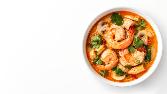 Tom Yum Shrimp Soup in White Bowl with Mushrooms Lemongrass Kaffir Lime Leaves and Chili on White Background