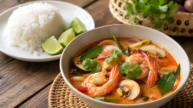 Authentic Thai Tom Yum Goong Spicy Shrimp Soup with Steamed Jasmine Rice and Fresh Lime Wedges on a Rustic Table