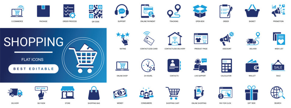 shopping icon set. ecommerce, retail, store, cart, bag, online, buy, promotion, sale, delivery, payment, checkout. editable solid vector pack.