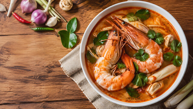Authentic Tom Yum Goong Thai spicy and sour shrimp soup with giant river prawns and lemongrass in a white bowl on a wooden table.