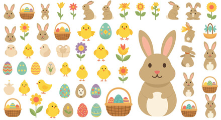 Fototapeta premium Easter Bunny, Chicks, Eggs, Flowers and Baskets Collection - Vector Illustration