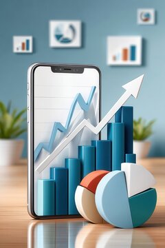 Business and finance analytics on a smartphone showing growth charts and rising data trends