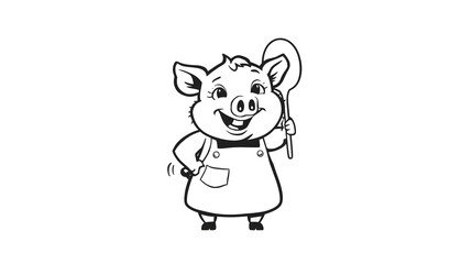 Fototapeta premium Cartoon pig in apron standing with cheerful expression on white background