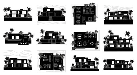 Obraz premium Modern Tropical Mansion Facade and Floor Plan Silhouette Collection Architectural Vector Set