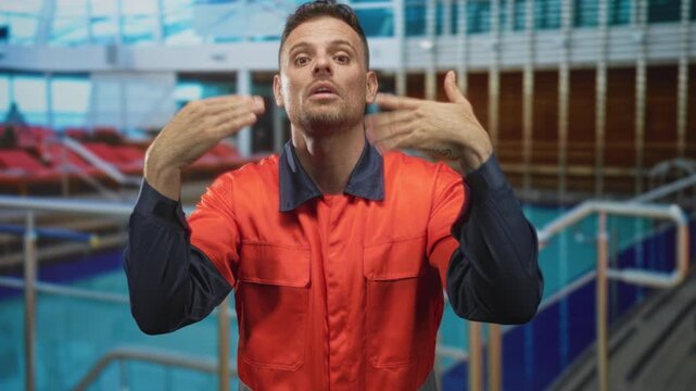 Man in orange uniform reaches hands forward and points beside an indoor pool in a building; vigilance duty.