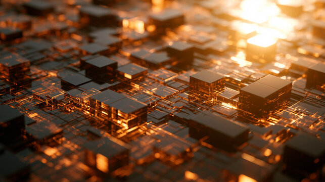 A wide high-angle view of a futuristic digital landscape composed of glowing golden data blocks and intricate electronic pathways under a warm sunset-like glow.