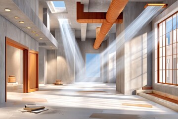 Naklejka premium Sunlit unfinished industrial interior of a construction site with exposed ducts and concrete walls