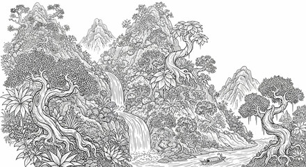 Obraz premium Intricate jungle landscape with waterfall coloring page art.