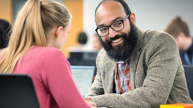 University lecturer mentoring scholar, offering academic support during focused study session.