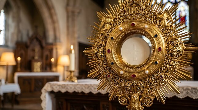 Golden monstrance on altar with candles in church interior closeup
