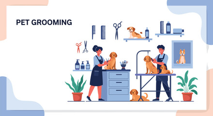 Fototapeta premium Skilled pet groomers provide care and styling services for various dogs in a professional salon equipped with specialized tools and tables.