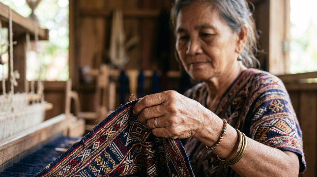 Elderly woman weaving a traditional patterned textile by hand.