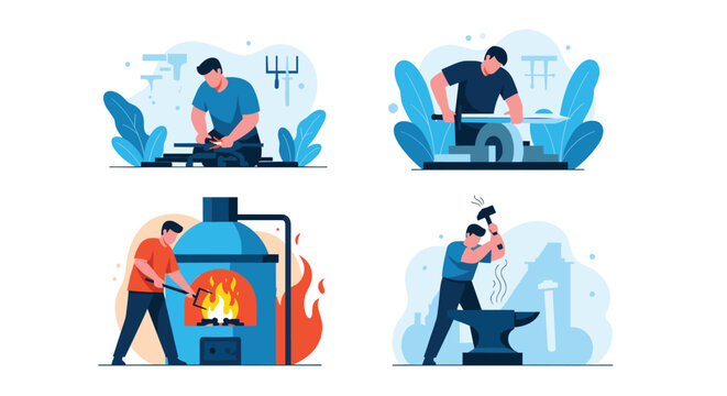 Sequence of illustrations shows a blacksmith forging a sword by heating metal in a furnace and hammering it on an anvil in a workshop.