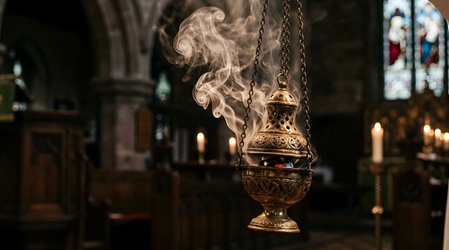 Smoke rises from censer in church sanctuary with candles and stained glass