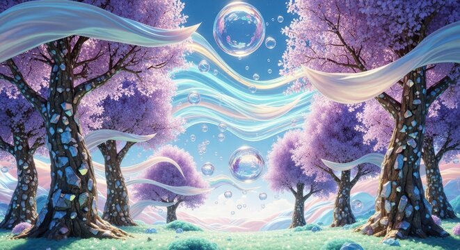 Fantasy purple trees landscape scene.