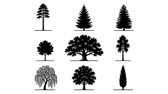 Tree icon set with vector silhouettes of evergreen deciduous and textured leaves on minimalist branches