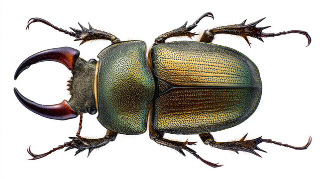 male rhinoceros beetle with metallic olive green elytra isolated on white, symmetrical rhinoceros beetle dorsal front view with massive horns, realistic horned scarab beetle with glossy green 