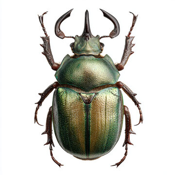 male rhinoceros beetle with metallic olive green elytra isolated on white, symmetrical rhinoceros beetle dorsal front view with massive horns, realistic horned scarab beetle with glossy green 
