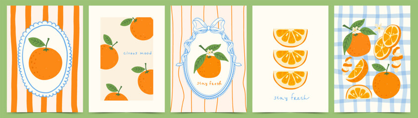 Naklejka premium Orange citrus poster set with hand drawn fruits, frames and bows in whimsical playful style. Printable wall art for kitchen decor, greeting card and summer stationery. Vector illustration