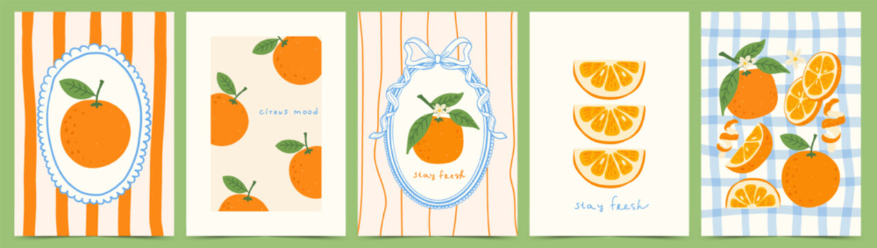 Orange citrus poster set with hand drawn fruits, frames and bows in whimsical playful style. Printable wall art for kitchen decor, greeting card and summer stationery. Vector illustration