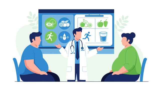 Doctor Consulting Overweight Couple About Healthy Lifestyle and Diet Plan