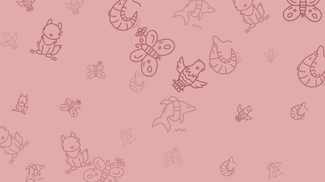 Pink pattern with cute illustrations of squirrels, butterflies, birds, and shrimp. Ideal for childrens stationery, textiles, and wallpaper designs.