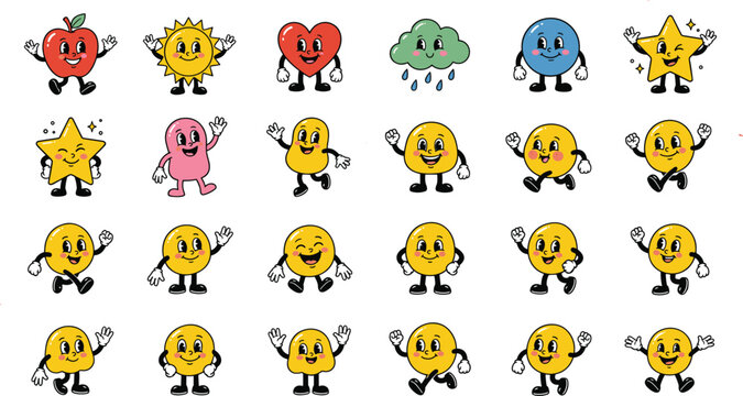 retro groovy cartoon character mascot set featuring vintage 1930s rubber hose style smiling sun heart star cloud and happy expressions for trendy stickers