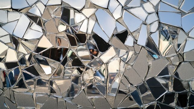 Abstract mosaic of shattered mirror pieces reflecting distorted images.