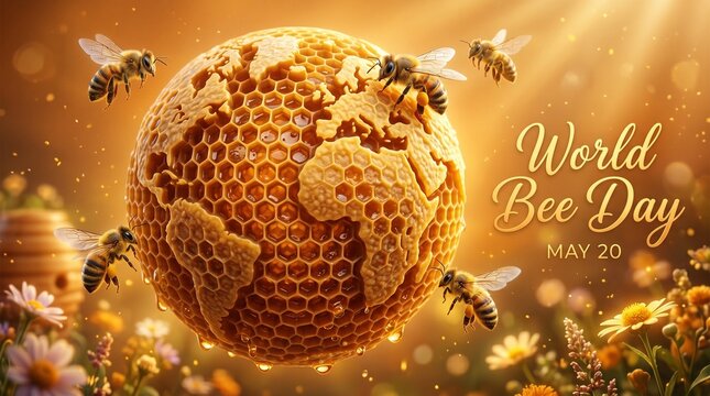 World Bee Day banner with honeycomb globe and honeybees in flower meadow