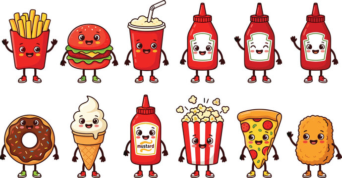 cute fast food and condiment mascot character set featuring happy smiling burger french fries popcorn ketchup pizza and donut icons for kids restaurant menu designs