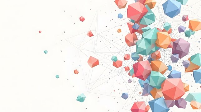 Abstract Polyhedron Formation: A dynamic composition of colorful polyhedrons dances across the space, linked by delicate lines, showcasing the beauty of geometry and artistic expression.