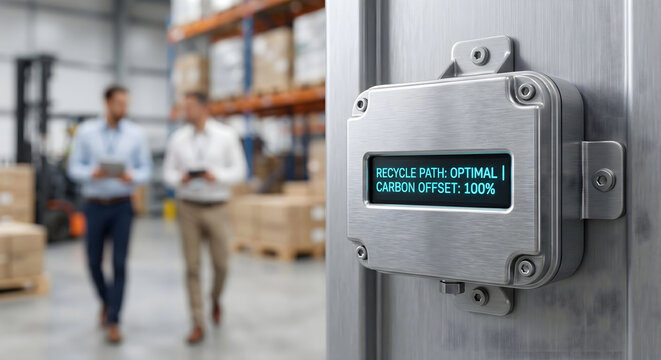 Digital display showing optimal recycle path and 100 percent carbon offset in warehouse.