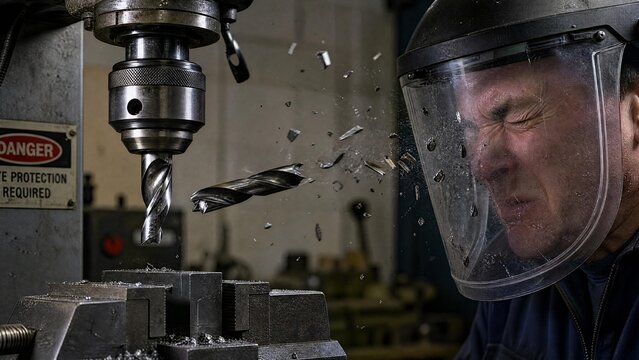 Industrial Worker Protected by Face Shield During Dangerous Drill Bit Breakage Accident