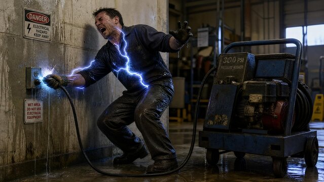 Industrial Worker Getting Electric Shock in Wet Factory Environment