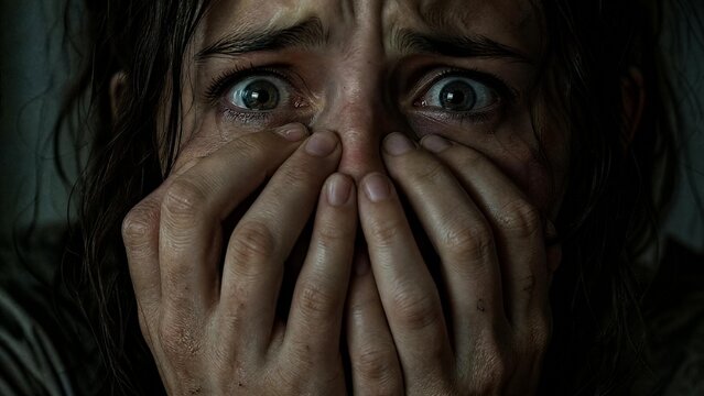 Terrified Woman Hiding Her Face in Extreme Fear and Panic Close-up