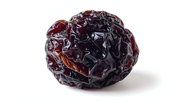 Exquisite macro food photography highlighting a single dark sweet wrinkled dried plum or prune resting on a pristine white background.