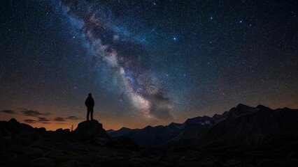Fototapeta premium Man Silhouette Stargazing Under the Milky Way Galaxy on Mountain Peak