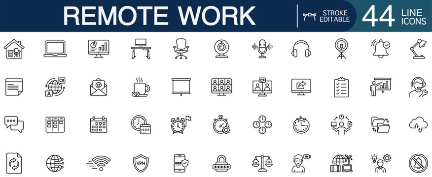 Remote work and work from home line icons home office, video call, productivity and digital nomad symbols for business app