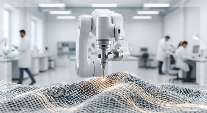 Robotic manipulator arm creating complex fiber structure for textile engineering inside modern laboratory.