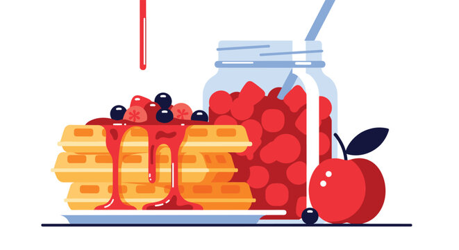 Delicious stack of golden waffles drizzled with fresh berry syrup is served alongside a jar of fruit jam and a ripe red apple.