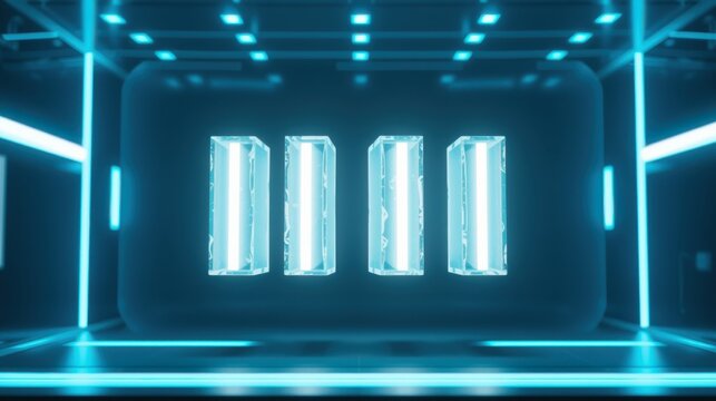 Futuristic room features glowing blue neon lights, pillars, floor. Central display showcases illuminated rectangular prisms. Minimalist design.