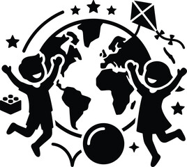 Obraz premium Global happiness and friendship concept showing children jumping with earth globe toys and stars.