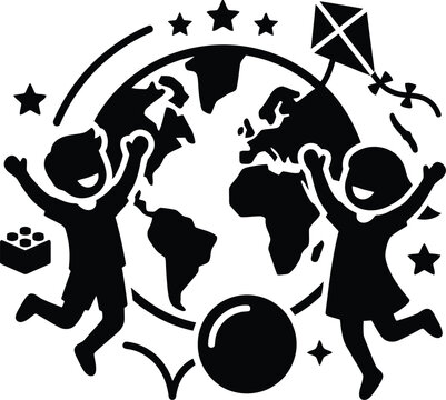 Global happiness and friendship concept showing children jumping with earth globe toys and stars.