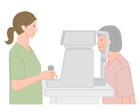 Senior woman having eye pressure measurement with nurse at hospital