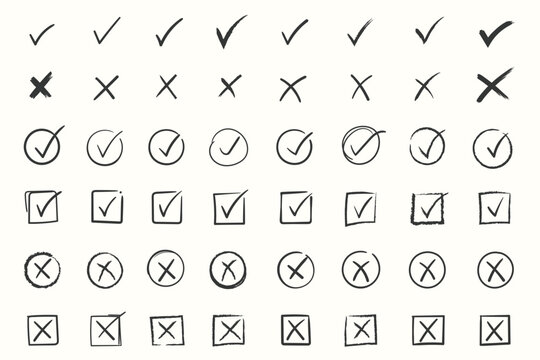 Hand drawn check and cross icons doodle in circle and square outline checklist marks vector illustration. Check tick mark icon set. Cross set check mark checkbox v list vector draw hand drawn sketch