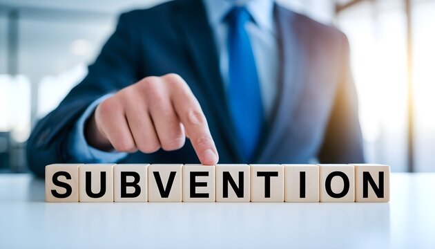 Businessman Pointing at Subvention Word on Wooden Blocks Concept