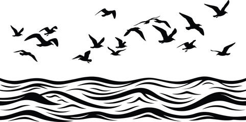 Black silhouette of flying seagulls over wavy ocean water flying birds ocean waves wavy water © hr graphics