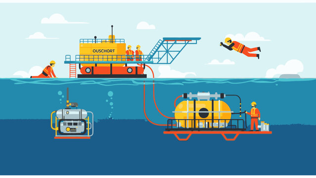Offshore oil rig with divers and underwater equipment