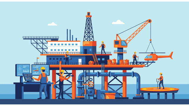 Offshore oil rig construction workers at work in the ocean